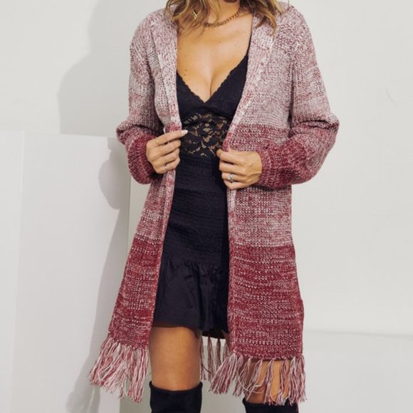 Ombre Hooded Fringe Cardigan Sweater - Picture 1 of 6